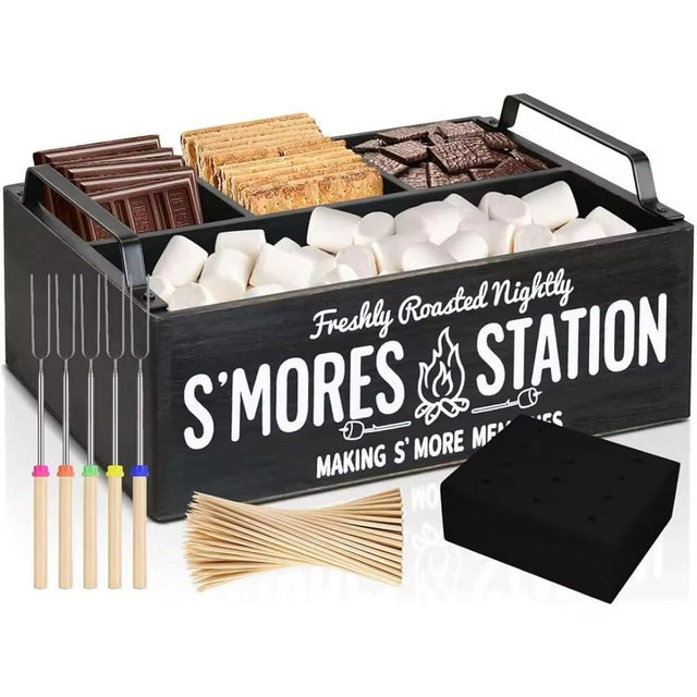 PAREESA S’mores Station Set – Black Wooden Caddy Organizer, 4-in-1 Smores Kit with 5 Extendable Marshmallow Roasting Sticks & Bamboo Skewers, S’mores Bar for Fire Pit, Camping & Party Gatherings