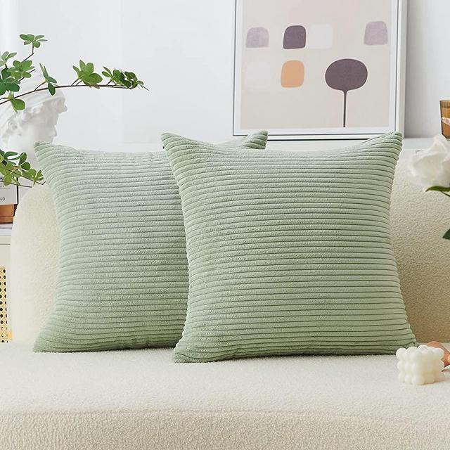 Home Brilliant Solid Plush Corduroy Striped Square Throw Pillow Covers Set of 2 Cushion Covers Decorative for Living Room, 40 cm x 40 cm, 16 x 16 Inch, Sage Green