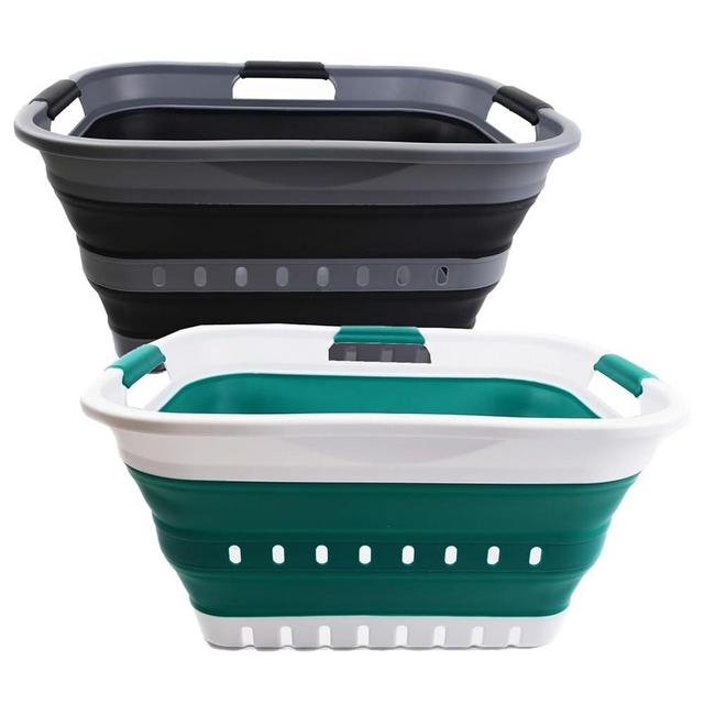 SAMMART Set of 2-30L (8 gallon) Collapsible Plastic Laundry Basket - Foldable Pop Up Storage Container/Organizer - Portable Washing Tub - Space Saving Hamper/Basket (2, Black+Dark Green)