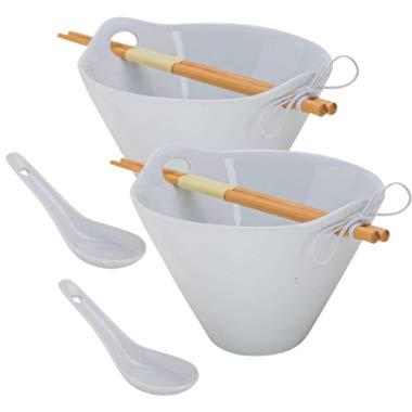 Tasse Verre Porcelain Noodle Soup Bowl w/Bamboo Chopsticks and Ceramic Spoon 20 oz, 2-Pack