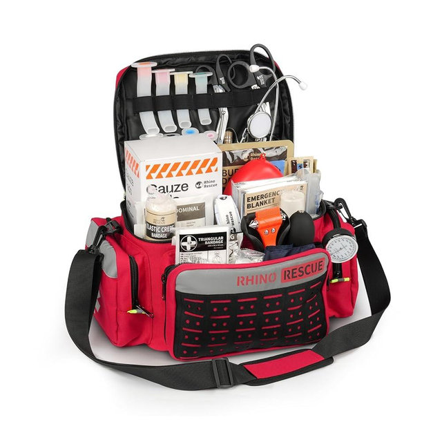 RHINO RESCUE First Responder First Aid Kit Fully-Stocked EMT Bag, Professional EMT/EMS Trauma Medical Kit, Molle System, Reflective Bag w/5 Zippered Pockets, 300+ First Aid Supplies