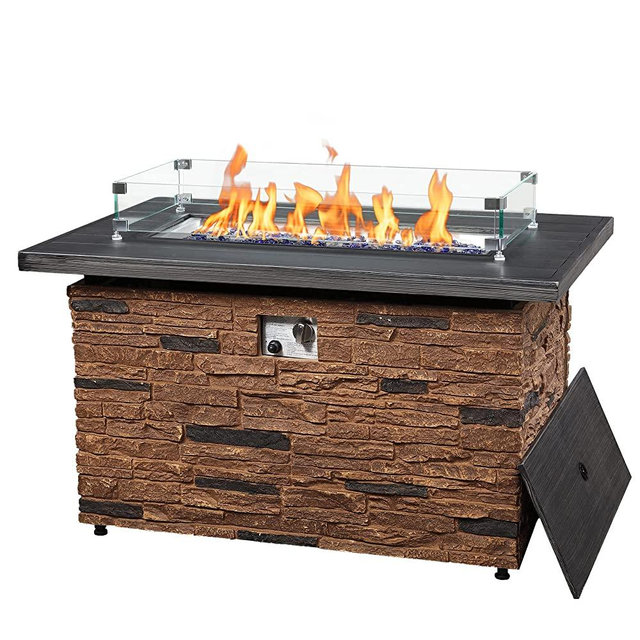 PIZZELLO 43" Propane Fire Pit Table Outdoor Rectangular Stone Firepit Table 50000 Btu Propane Fire Tables for Outside Patio with Glass Wind Guard, Lid, Fire Glass Beads (Brown)