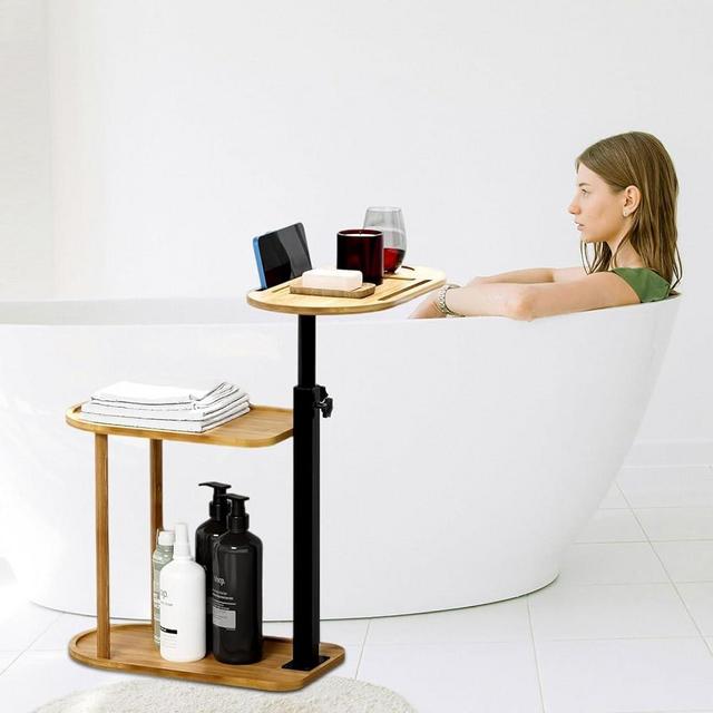 BeGyoku 3 Layer Bathtub Tray Table,Bamboo Swivel Bathtub Side Table Height Adjustable,Freestanding Bathtub Tray for Tub Against Wall,Bathtub Accessories&Bathroom Organizer for Luxury Home Spa-Natural