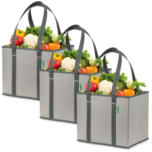 Reusable Grocery Shopping Box Bags (3 Pack - Gray). Large, Premium Quality Heavy Duty Tote Bag Set with Extra Long Handles & Reinforced Bottom. Foldable, Collapsible, Durable & Eco Friendly