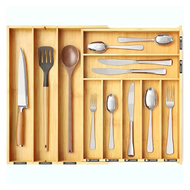 Bamboo Expandable Silverware Drawer Organizer with Labels -SpaceAid®