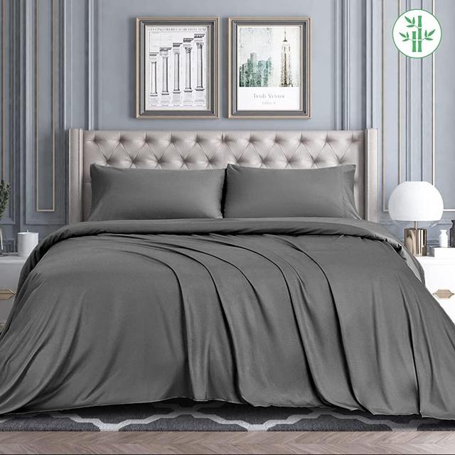AiAngu 100% Bamboo Sheets Set -Organic 4 PC Bed Sheets with Deep Pockets 16" Cooling Luxury Sheets Skin Friendly Wrinkle Free Sheets Machine Washable (Queen, Dark Grey)