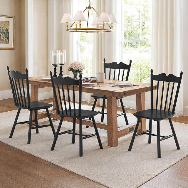 LUE BONA Black Dining Chairs Set of 4, Windsor Wooden Dining Chair with Thickened Backrest, Morden and Mid Century Kitchen Chairs for Dining Room Farmhouse, Weight Capacity 350 lbs