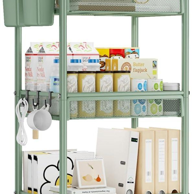 YASONIC 3 Tier Rolling Cart – Metal Utility Storage Carts with Wheels, Craft Carts Organizer with Hanging Cups, Hooks, Mesh Basket for Bedside Kitchen Office Art, Green