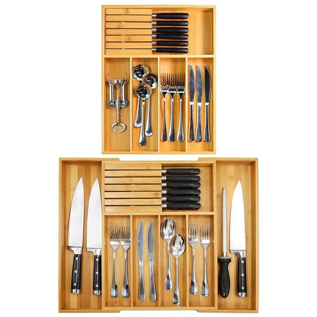 VaeFae Bamboo Silverware Drawer Organizer with Knife Block Set