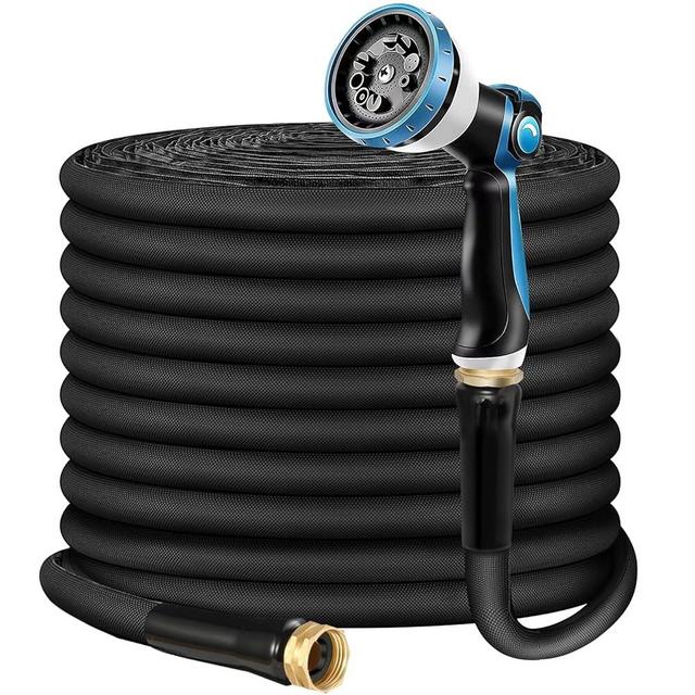 Non-Expandable Garden Hose 50feet, Flexible Water Hose with 10 Function Hose Nozzle, Lightweight, Tangle Free, Rust Proof for Yard (Black)