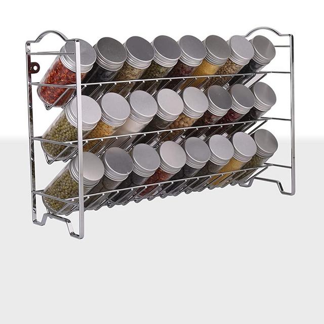 SWOMMOLY Spice Rack with 24 Empty Round Spice Jars, 396 Spice Labels with Chalk Marker and Funnel Complete Set, for Countertop, Cabinet or Wall Mount,Chrome