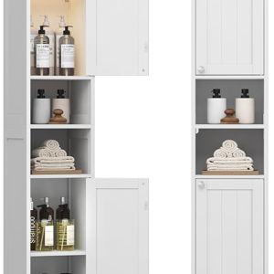 VASAGLE Tall Storage Cabinet with Lights, Slim Freestanding Cabinet with Adjustable Shelves, for Small Spaces, Bathroom, Living Room, Modern, 11.8 Inches Wide, Cloud White UBBC566W02