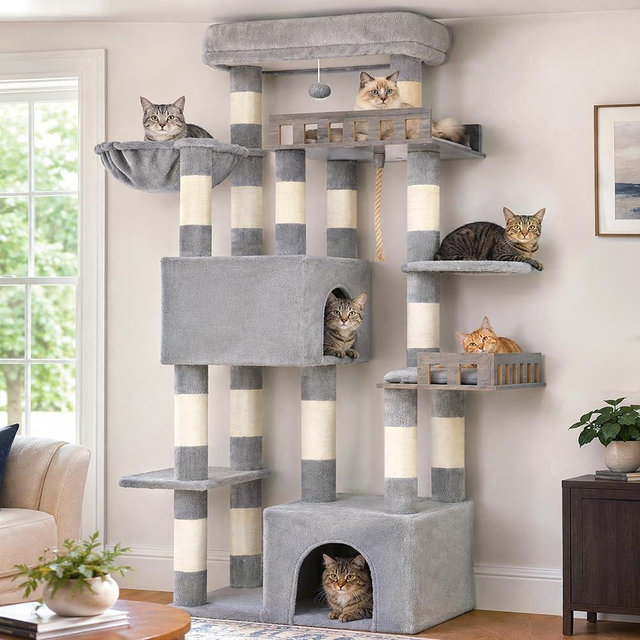 Gitelsnour Maine Coon Cat Tree, Heavy Duty Cat Tree for Indoor Cats Large Adult, Cat Tower for Large Cats 20 lbs+ with Hammock, 2 Big Perches, 2 Cat Condos, 15 Scratching Posts, Light Gray GCT033W