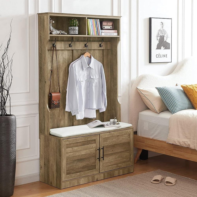 Betoko Hall Trees with Bench and Coat Racks, 71 Inch Entryway Bench with 2 Cabinet Doors, Wood Coat Tree Mudroom Storage Bench (Rustic Oak)