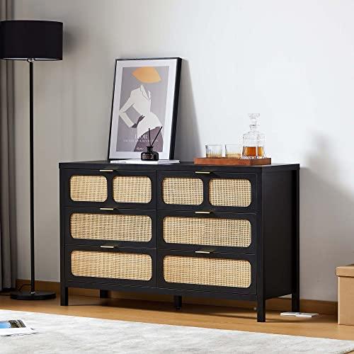 QEIUZON 6 Drawer Dresser, Modern Rattan Dresser Chest with Wide Drawers and Metal Handles, Farmhouse Wood Storage Chest of Drawers for Bedroom, Living Room, Hallway, Entryway (Black-6 Drawers)