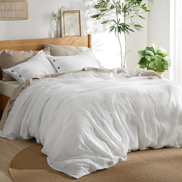 Bedsure Oversized Queen Comforter Set White - Linen-Cotton Blend Fabric with Microfiber Inner Fill, Oversized Queen Comforter for All Seasons, 3 Pieces, 1 Comforter (90"x96") and 2 Pillow Cases