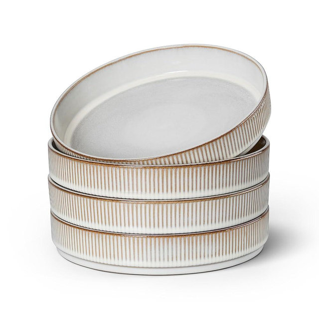 E-far Pasta Bowls Set of 4, 35oz Large Salad Bowl Plate for Dinner Serving Soup, Wide & Shallow Ceramic Stoneware Pasta Plates, Microwave & Dishwasher Safe, Reactive Glaze Texture-Stripe, Creamy Beige