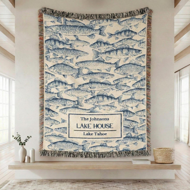Fish Blanket – Personalized Woven Throw for Lake House Decor, Fishing Cabin Blanket, Rustic Cabin Decor, Housewarming & Fish Lover Gift