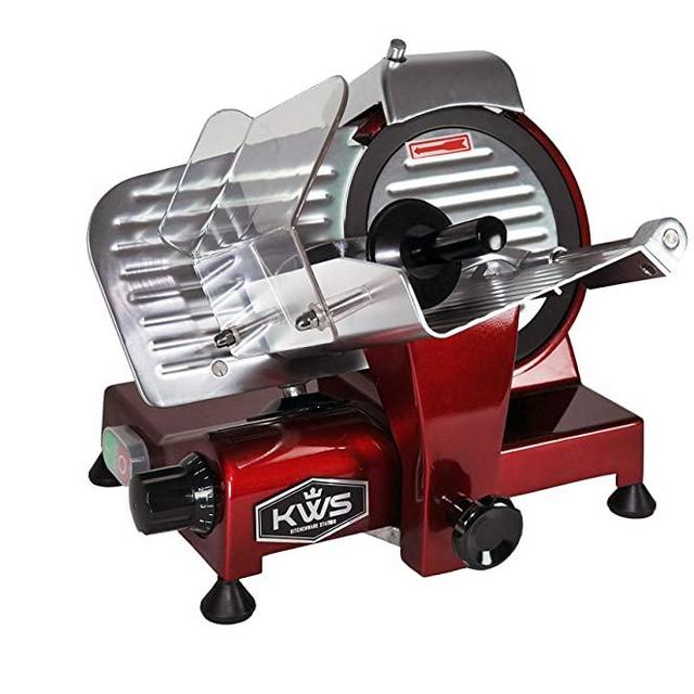 KWS MS-10XT Premium Commercial 320W Electric Meat Slicer 10-Inch in Red with Non-sticky Teflon Blade, Frozen Meat/Deli Meat/Cheese/Food Slicer Low Noises Commercial and Home Use