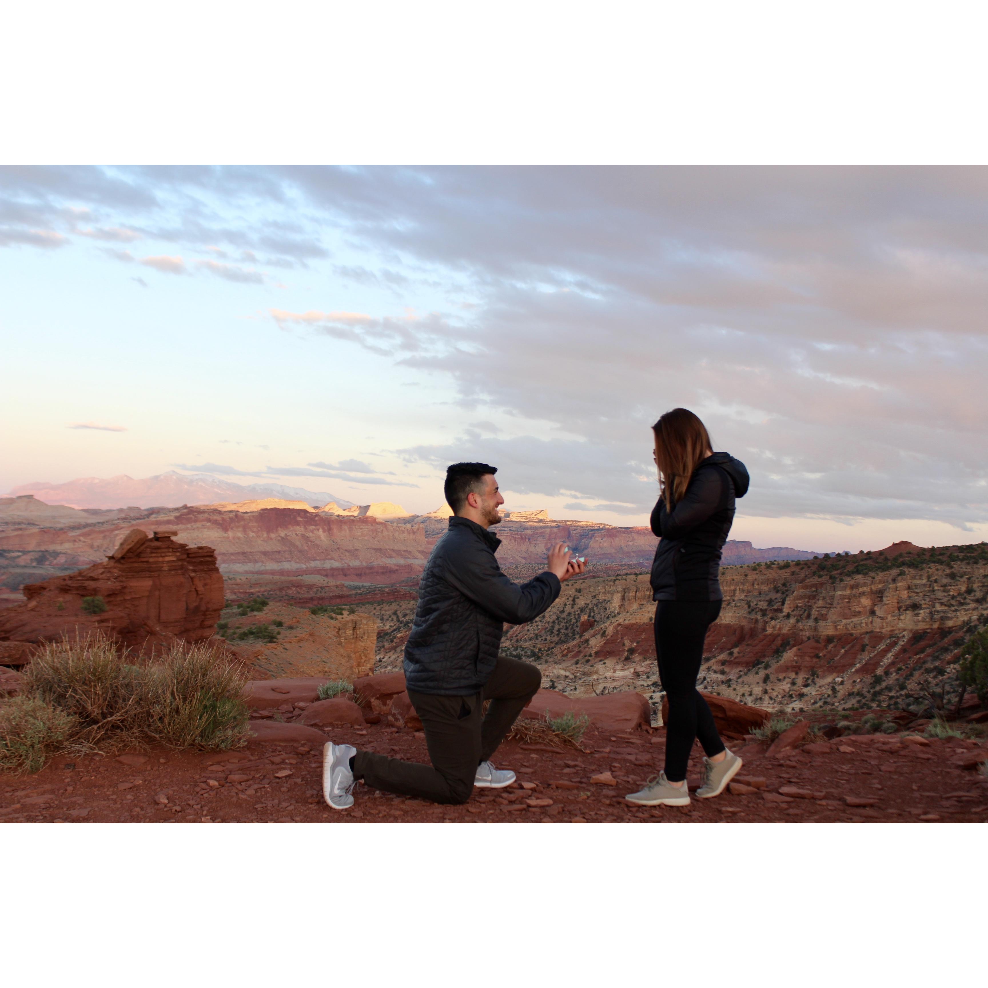 Sunset proposal after a short hike (followed by wine in solo cups...) in Capitol Reef National Park