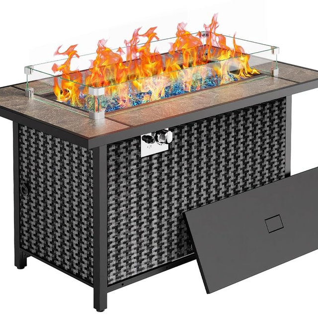 Ciays 43″ Fire Pit Table, Outdoor Propane Fire Pit Table with Premium Ceramic Tabletop, Glass Wind Guard, Lid, Glass Rock, 50,000 BTU CSA-Certified Gas Fire Pits for Outside Patio, Party, Deck