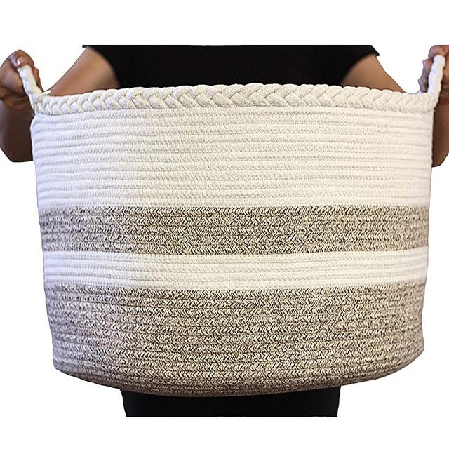 Cotton Rope Basket for Living Room Blanket Storage - Kids Playroom Storage Organizer - Woven Nursery Laundry Basket for Clothes, Bathroom Towels, Toys - Home Decorations Bins - Extra Large 20"D x 13"H