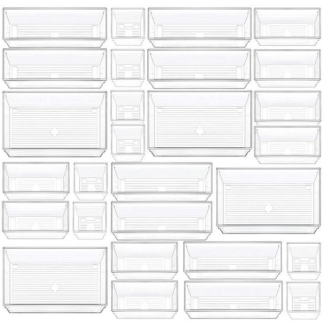 28 PCS Clear Plastic Drawer Organizers Set, 4-Size Bathroom and