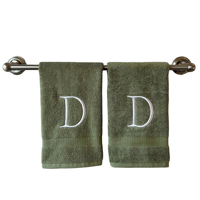 Sage Initial Hand Towel for Bathroom - Monogrammed Luxury Hotel Quality Decorative Embroidered Towel for Powder Room, Spa - GOTS Organic Certified - Set of 2 Letter D