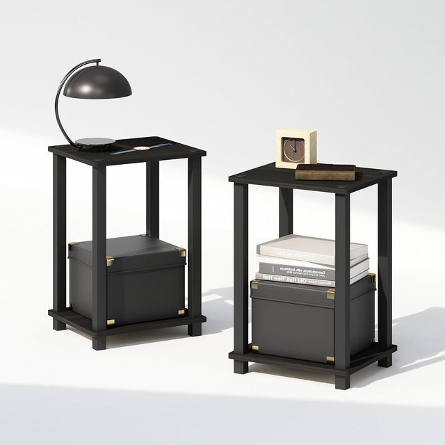 Furinno Simplistic Night Stand Set of 2, 2-Tier Small Nightstand with Open Shelf, Toolless Bedside Table, End Table, Side Table, for Bedroom, Closet, Dorm, Espresso