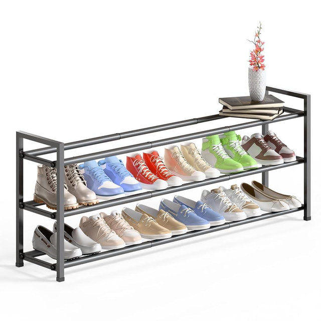 Bumusty 2-Tier Long Expandable Shoe Rack for Closet, 18"-44" Adjustable Shoe Rack for Entryway, 15-18 Pairs Large Shoe Organizer Shelf Storage, Sturdy Metal, Grey