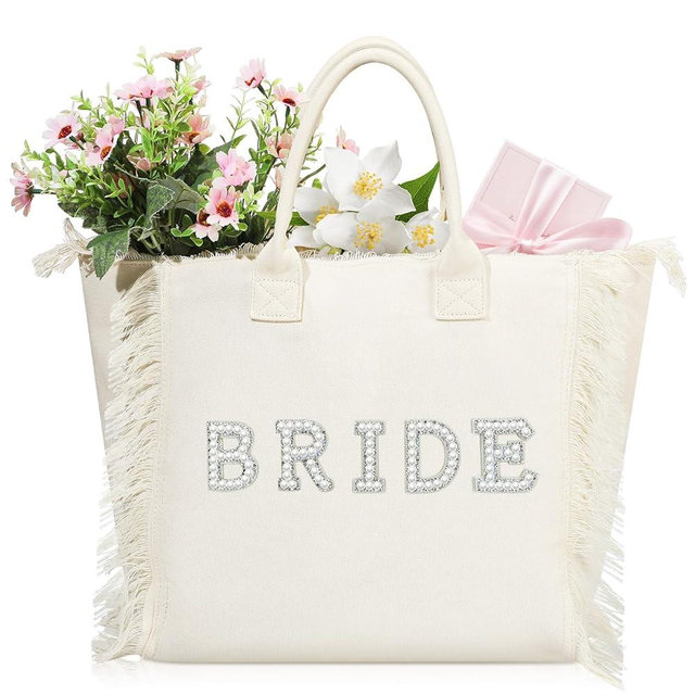 Huhumy Bride Tote Bag Bride Shower Wedding Gift Pearl Rhinestone Honeymoon Beach Tote Bag for Engagement Bachelorette Party