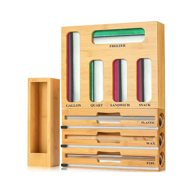 9 IN 1 Storage Bag Organizer for Kitchen Drawer, Bamboo Foil and Plastic Wrap with Cutter, Organizers Compatible Gallon, Quart, Sandwich Snack Size