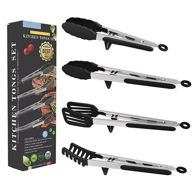 4 Pack Silicone Cooking Kitchen Tongs Kit , BPA Free Non-Stick Stainless Steel BBQ Grilling Locking Food Tong / Pasta Tong/Spatula Tong for Oven Baking Salad Steak Vegetable Serving Tools Utensil Set