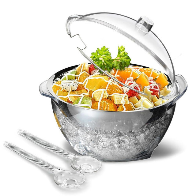MEHOEIME Large Ice Chill Salad Bowl with Lid, Iced Serving Bowl with Ice Chiller Base For Parties, Keep Food Cold at Party, Ice Chilled Tray, Long Spoons, Extra, Clear