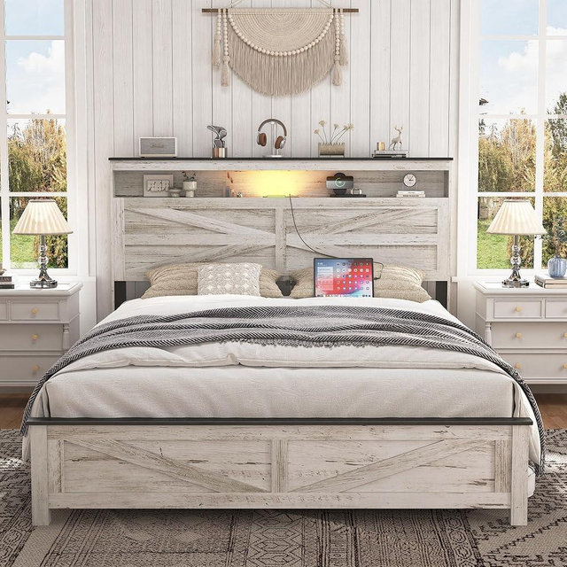 madeslves Farmhouse Wooden Bed Frame Queen Size with Storage Headboard, Boho Platform Bedframe with LED Lights and Charging Station, Metal Slats Support, No Box Spring Needed, White