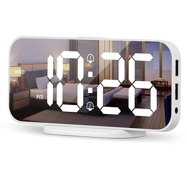 SMOUPING Digital Alarm Clock for Bedroom,6.7" LED Mirror Clock with 2 USB Charger Port & Dual Alarm,Day of Week/Easy Snooze Function/12/24H/Large Display, Modern Clock for Room Decor(White)