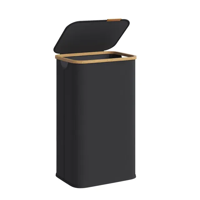 SONGMICS Laundry Hamper, Laundry Basket with Lid, Foldable Storage Basket, Bamboo Frame, Oxford Fabric, 26.4 Gal. , Ink Black
