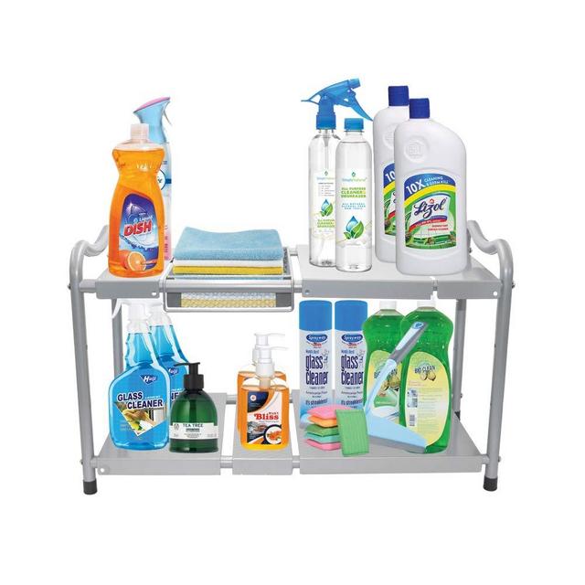 Under Sink Storage Organizer Cabinet Adjustable Storage Pedestal Shelf Stackable 2 Tier Rack with Expandable Steel Panels Shelves Metal Frame Hooks Mesh Basket Base for Home Kitchen and Bathroom