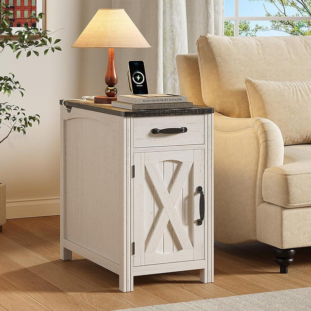 ONBRILL Farmhouse End Table with Charging Station, Narrow Side Table with Barn Door, Rustic Wood Sofa Side Table with Drawer and Storage Cabinet, 23.5" Small Nightstand for Living Room (Rustic White)