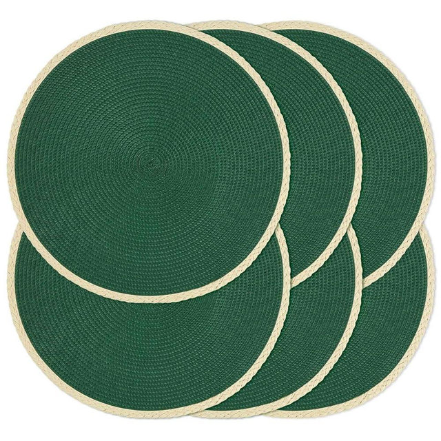 Noctiflorous 15 Inch Round Braided Placemats Set of 6 Washable Wipeable Easy Clean Heat Resistant Woven Dining Table Mats Decor for Holiday Parties Indoor Outdoor Daily Use(01 Pine Green, 6)