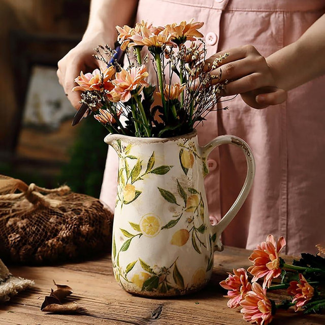 XIUWOUG Vintage Floral Ceramic Vase with Handle, Retro Ice Cracked Farmhouse Pitcher Vase for Home Decor, Living Room,Office, Rustic Table Centerpiece,F1