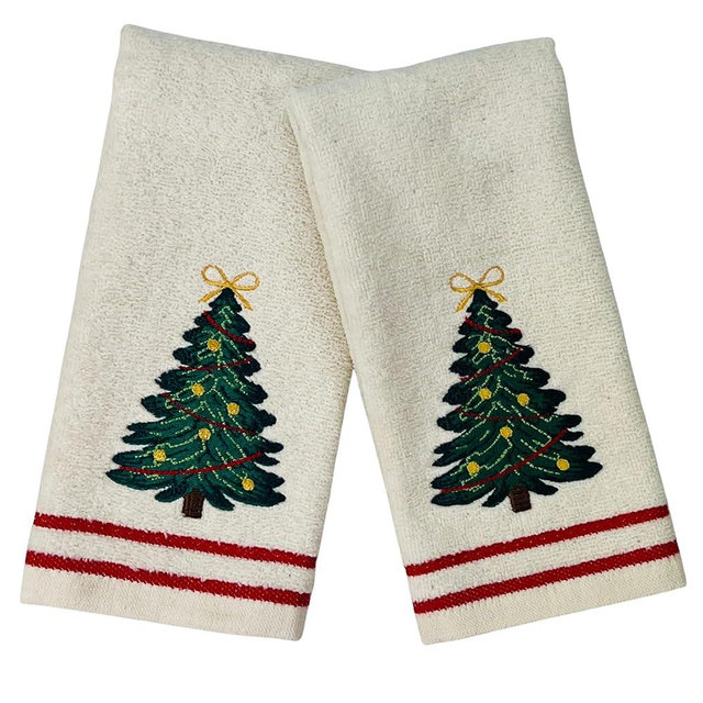 Serafina Home Christmas Bathroom Fingertip Towels- Set of 2 100% Cotton Ivory White Embroidered Classic Xmas Tree Design - 12" x 18" Winter Bath & Kitchen Decor