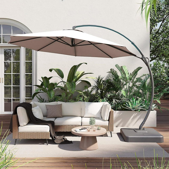 LAUSAINT HOME Outdoor Patio Umbrella with Base included, 10 FT Deluxe Curvy Cantilever Umbrella Offset Hanging umbrella with 360° Rotation for Market, Pool, Garden, Backyard, Deck (Beige, 10 FT)