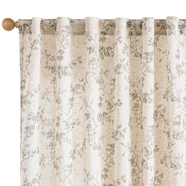 Lazzzy Grey Floral Linen Curtains 84 Inch Length Farmhouse Curtain Back Tab Drapes for Living Room Bedroom Light Filtering Vintage Rod Pocket Curtains, 2 Panels, Gray on Beige