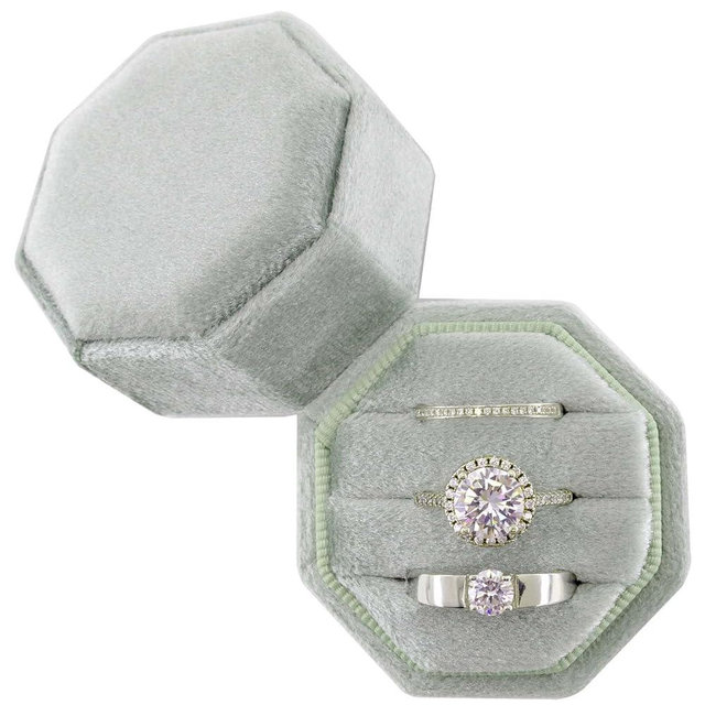 Beatilog Velvet 3 Slots Ring Box Wedding Day - Octagon Premium Handmade Three Rings Slot Bearer Storage for Wedding Ceremony, Proposal, Engagement, Photography (Sage Green)
