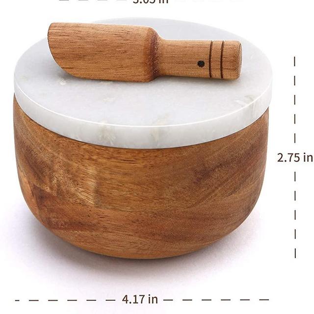 Large Acacia Wood Seasonings Condiments Pinch Bowl Spice and Spoon Salt Cellar Box Storage Jar White Marble Lid