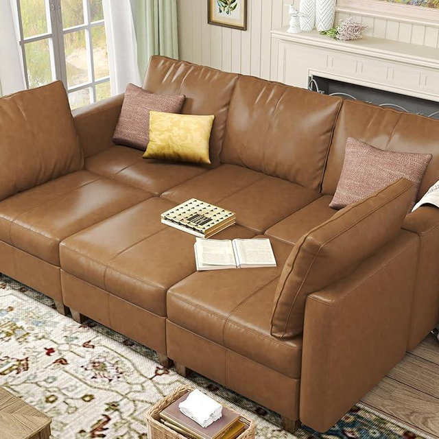 EASE MOOSE Faux Leather Sectional Modular Sleeper Sofa Sectional Sofa Bed with Storage, Faux Leather Modular Sofa Sectional Couch Brown