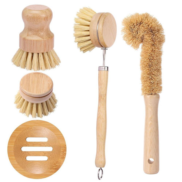 Bamboo Dish Brushes Set Natural Bamboo Dish Scrub Brush Set with Handle Wood Dish Brush Bamboo Dish Scrubber Set for Cast Iron Pan Pot Dish Washing