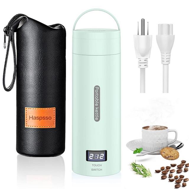 Haspsso Electric Kettle for Travel, Portable Small Tea Coffee Hot Water Boiler, Mini Stainless Steel Water Kettle With 1 Cup Sleeve, 4 Temperature Control, Auto Shut-Off & Boil Dry Protection, Green