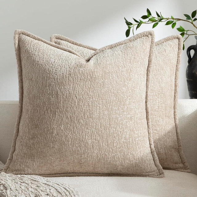 DEZENE Pack of 2 Tan Decorative Throw Pillow Covers 22x22 Cozy Soft Chenille Accent Vintage Square Couch Pillow Covers for Home Decor Bed Sofa Living Room